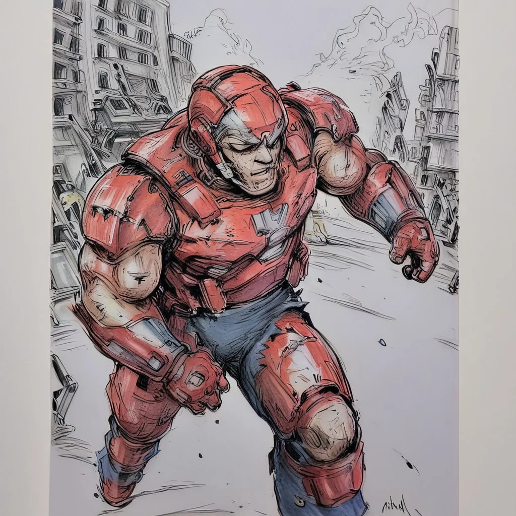 Evang, kimjunggi,traditional media, monochromatic, Iron Man standing in a destroyed city street with torn clothing, scars, scratches, battle damaged suits, tactical armor, muscular, menacing look, Batmobile to the left in the background