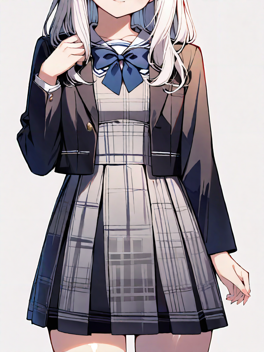 masterpiece,ultra-detailed,best quality,8K,illustration,cute face,clean skin ,shiny hair,solo,girl,ultra-detailed-eyes,simple background,   <lora:jyoji formal_XL_illustrious_V1.0:1> jyojifuku, dress, long sleeves, jacket,school uniform