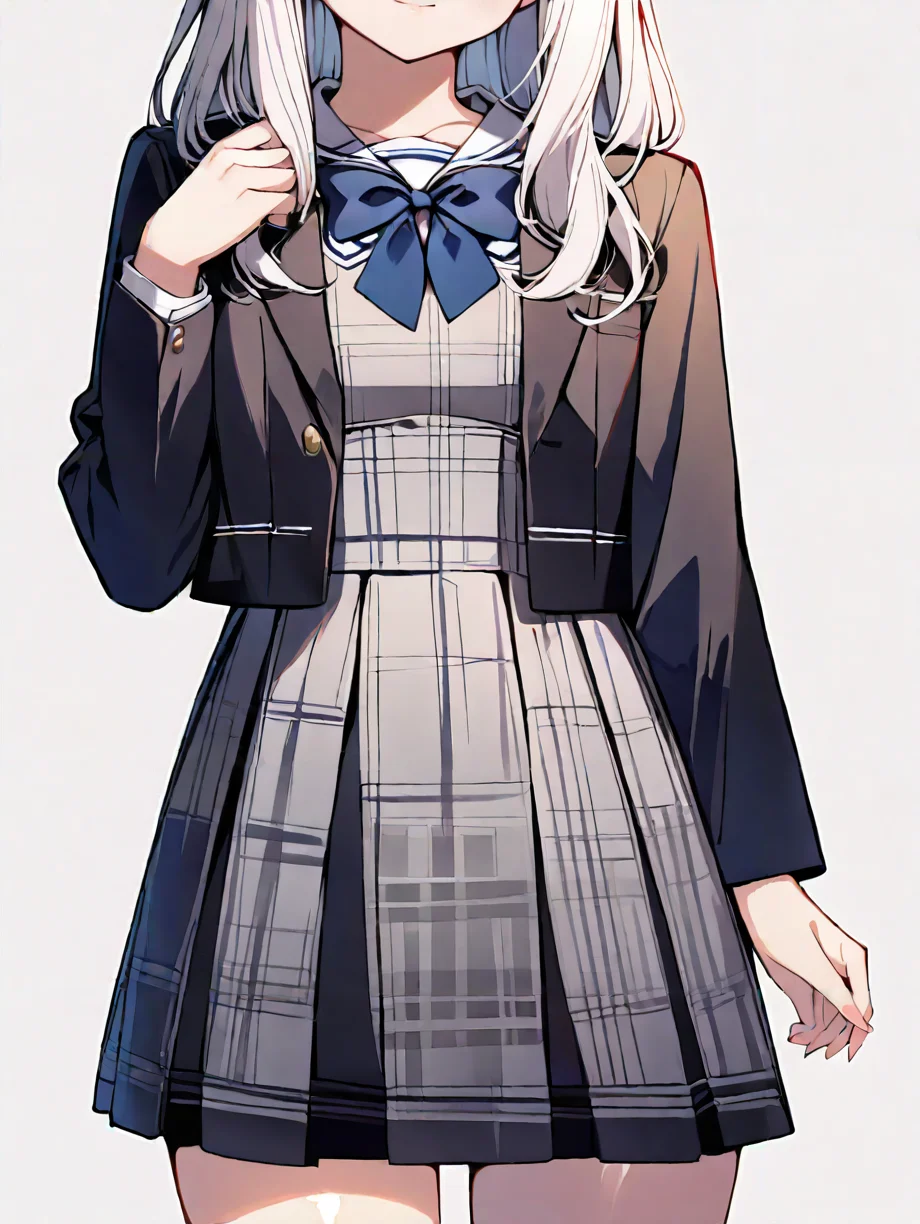 masterpiece,ultra-detailed,best quality,8K,illustration,cute face,clean skin ,shiny hair,solo,girl,ultra-detailed-eyes,simple background,   <lora:jyoji formal_XL_illustrious_V1.0:1> jyojifuku, dress, long sleeves, jacket,school uniform