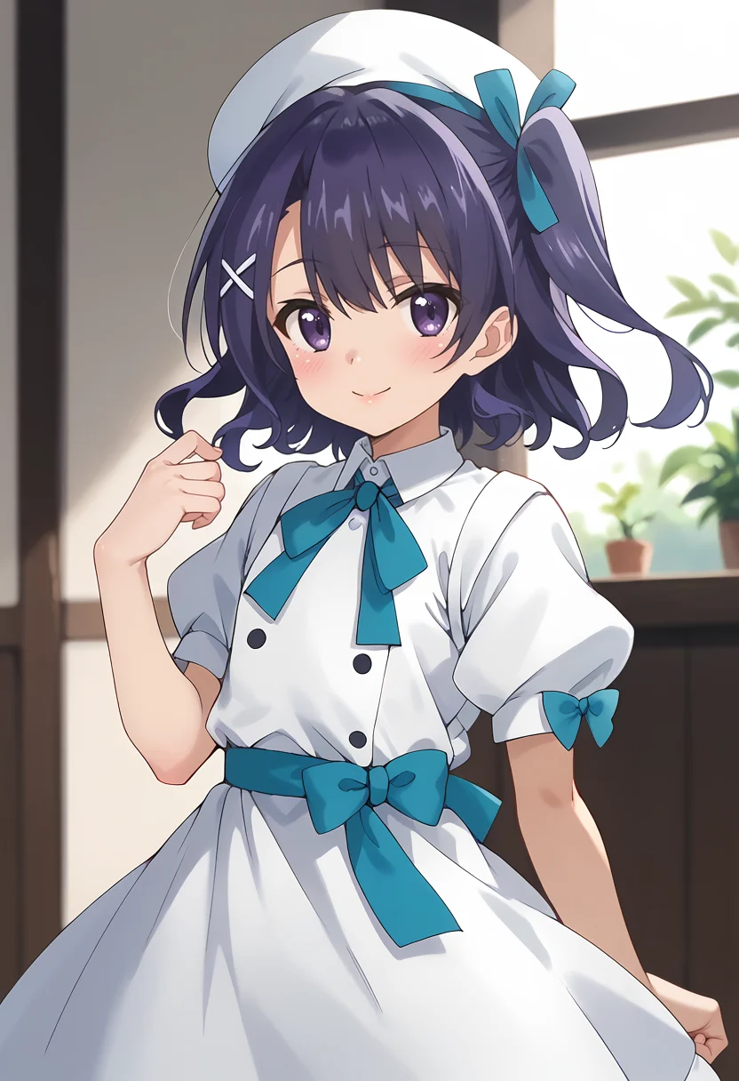 score_9_up,score_8_up,score_7_up,<lora:Riko Yokoya_v1.0_pony-000038:1>,
YAMS_RY,solo,white hat,smile,hair ribbon,blue ribbon,blush,looking at viewer,purple eyes,white dress,one side up,purple eyes,closed mouth,cowboy_shot,short_sleeves,puff and slash sleeves,purple hair
