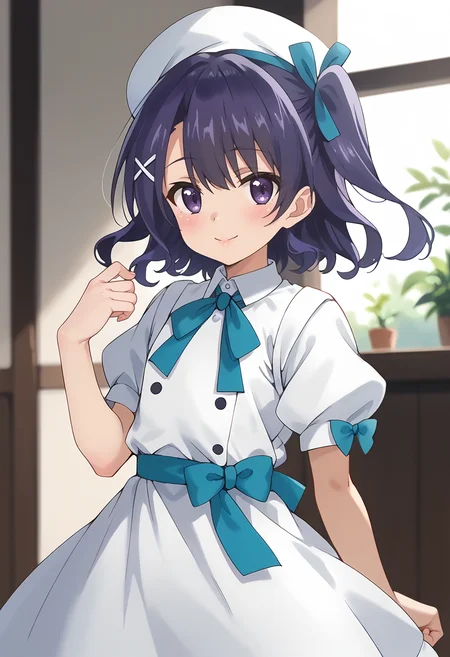 score_9_up,score_8_up,score_7_up,<lora:Riko Yokoya_v1.0_pony-000038:1>,
YAMS_RY,solo,white hat,smile,hair ribbon,blue ribbon,blush,looking at viewer,purple eyes,white dress,one side up,purple eyes,closed mouth,cowboy_shot,short_sleeves,puff and slash sleeves,purple hair
