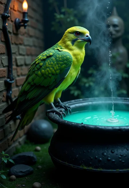 aidmareduxstyle, a high quality digital image of a vivid green hawk perched on the edge of a black steel cauldron, there is a bubbling cyan liquid in the caludron and it is emitting a small amount of smoke, they glow at night, the hawk is emanating a wind vortex, there is a compound bow on the wall behind the hawk