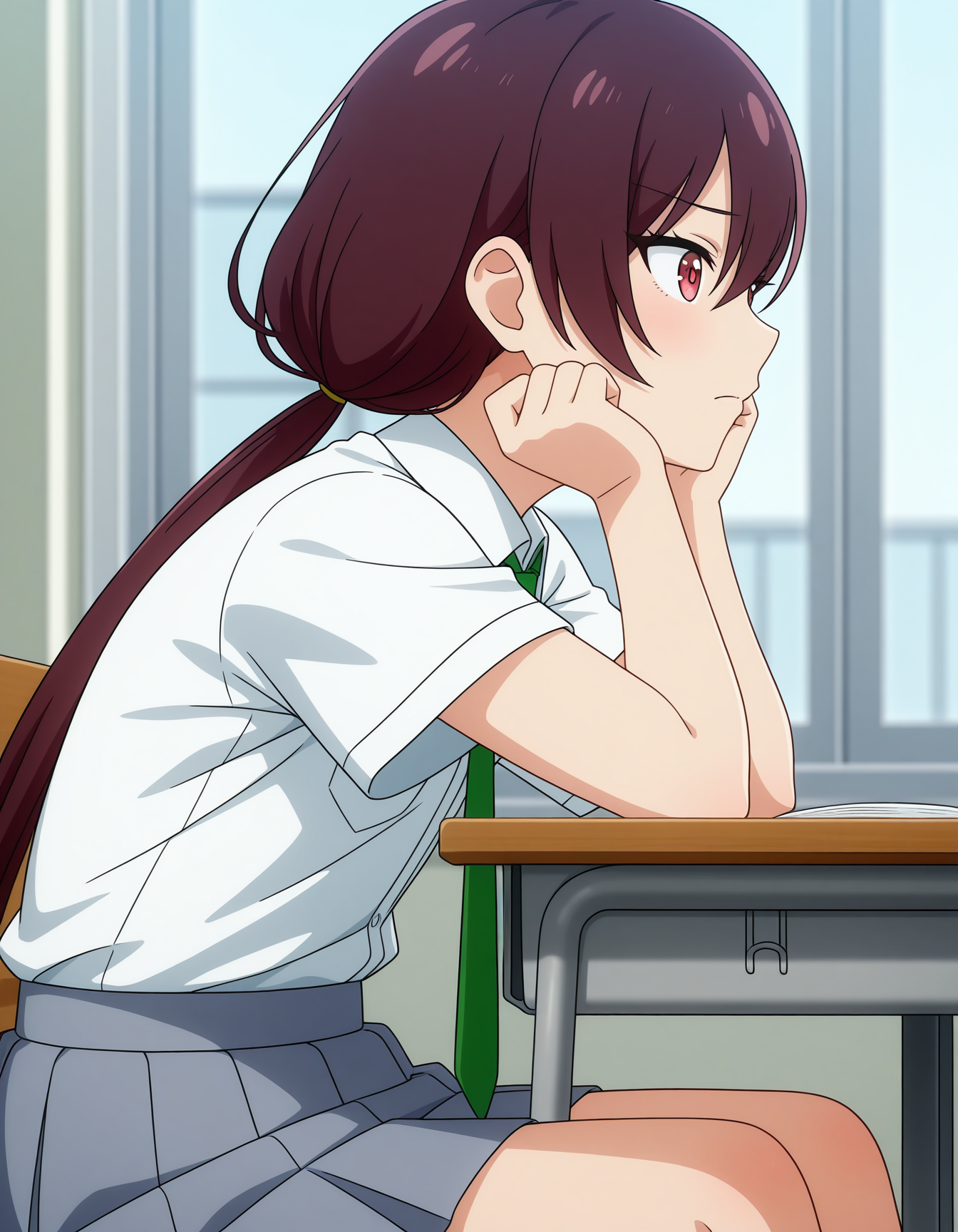 masterpiece, best quality, amazing quality, highres, absurdres, very aesthetic, high resolution, ultra detailed, perfect details,anime coloring, indoors,classroom,school_desk,1girl,solo,depth of field,side view,
sitting,looking at viewer, frown, head_rest,bust portrait,
<lora:ILL_oumemai_lion_e7:1> oumesusu, long hair,very long hair, bangs, brown hair, skirt, shirt, red eyes, twintails,hair between eyes, school uniform, white shirt, short sleeves, necktie, collared shirt, pleated skirt, low twintails, pocket, grey skirt, green necktie,miniskirt,