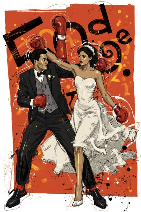 poster illustration.
A man and a woman boxing at a wedding. <lora:posterillustration_cap_d8a4e11:1.0><lora:846226153799733746:0>
