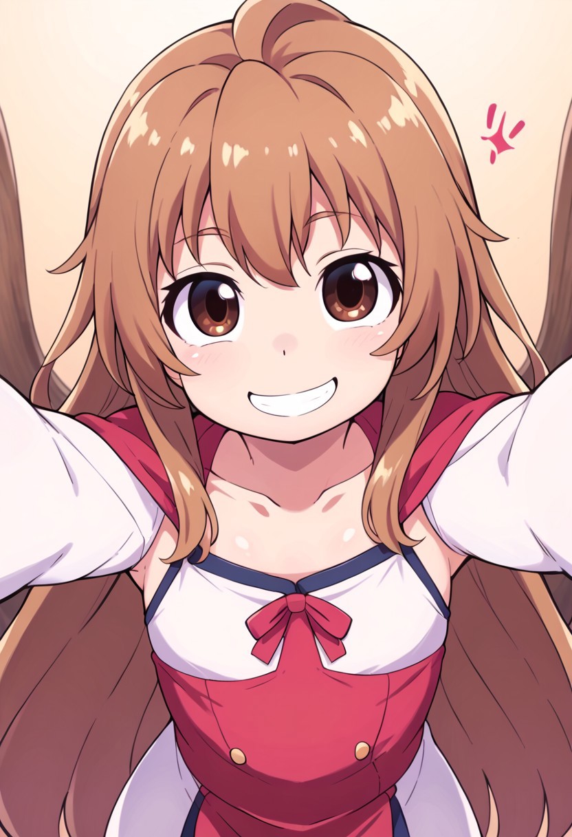 (zPDXL3), 
(zPDXLxxx), 
hiroki, 
1girl, 
solo, 
Aisaka_Taiga
brown_eyes, brown_hair, long_hair, flat chest,
happy, reaching towards viewer, hugging viewer, embracing viewer, facing viewer, (front view:1.3), looking at viewer, eye contact, smile, happy, loving gaze, leaning towards viewer, arm support, leaning forward to viewer, pov,