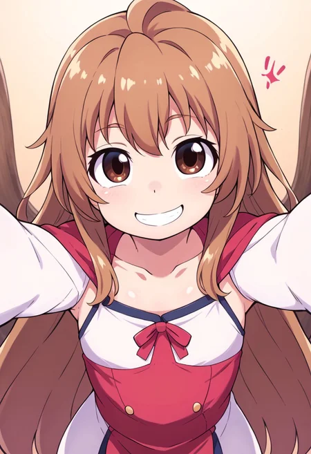 (zPDXL3),
(zPDXLxxx),
hiroki,
1girl,
solo,
Aisaka_Taiga
brown_eyes, brown_hair, long_hair, flat chest,
happy, reaching towards viewer, hugging viewer, embracing viewer, facing viewer, (front view:1.3), looking at viewer, eye contact, smile, happy, loving gaze, leaning towards viewer, arm support, leaning forward to viewer, pov,