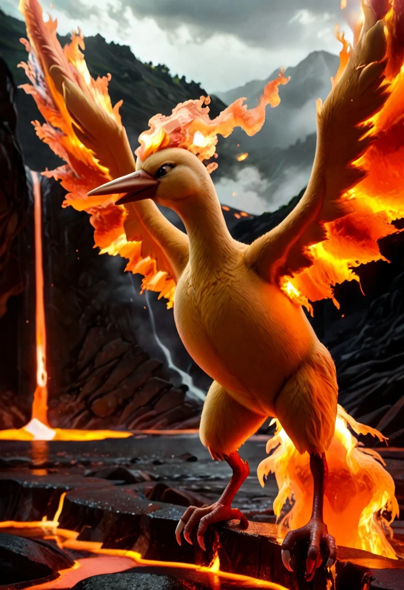 score_9, score_8_up, score_7_up, score_6_up, score_5_up, score_4_up, BREAK, solo, moltres, pokemon (creature), furry, avian, bird, detailed feathers, realistic feathers, orange feathers, beak, wings, flaming wings, realistic fire, red flames, fire, lava volcano background, day, realistic