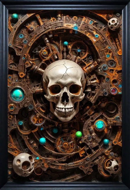 clockwork skull In the outta realms of your mind, In a world where full 3D is all that matters, Taking art to another level, With colors we never knew exsisted, with mind blowing depth and foreground clarity, abstract details, distinctive visuals, Intricate and Exquisite Definition, (3D Framed, Skull),