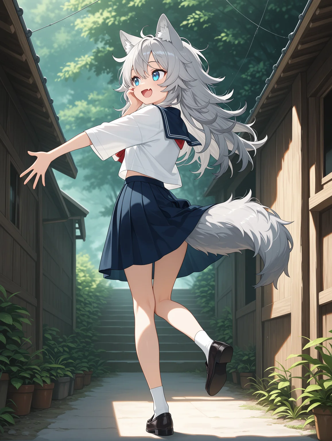 solo, 1girl, wolf girl, wolf ears, wolf tail, grey hair, long hair, blue eyes, small breasts, messy hair, skin fang, sailor shirt, skirt, red bow, socks, loafers, looking back, knees up, folded leg, standing on one leg, turning head, looking away, open hand, reaching out, hand on own face, oversized clothes, :d, smile, happy, scenery, full body, facing away
,masterpiece,best quality,amazing quality,