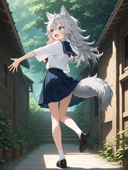 solo, 1girl, wolf girl, wolf ears, wolf tail, grey hair, long hair, blue eyes, small breasts, messy hair, skin fang, sailor shirt, skirt, red bow, socks, loafers, looking back, knees up, folded leg, standing on one leg, turning head, looking away, open hand, reaching out, hand on own face, oversized clothes, :d, smile, happy, scenery, full body, facing away
,masterpiece,best quality,amazing quality,