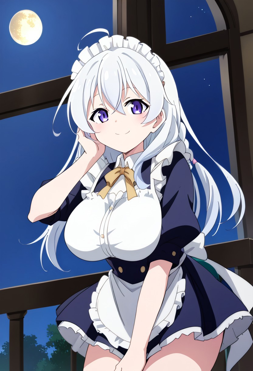 (score_9:0.9),score_8_up,score_7_up,rating_safe,anime style,(zPDXL),masterpiece, anime coloring) rating_safe, anime style, anime_screencap, source_anime,
BREAK source_anime, anime, best quality, masterpiece, rating_safe, uncensored, High quality, 8k, Ultra, 
BREAK (Balcony, night sky, moon, wind),
BREAK  1girl, Elaina (Majo no Tabitabi), long hair, hair between_eyes, blue eyes, purple eyes, white hair, ahoge, braid,
lovelybear_maid_outfit,
BREAK  ((cowboy shot)),(leaning forward),(hand in own hair),(hand between legs),(from below),
busty breasts,
(very large breasts:1.2),looking at viewer, smile,