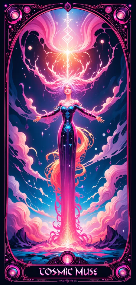 "A stylized Tarot card titled 'The Cosmic Muse,' featuring a graceful, otherworldly figure draped in a gown of shimmering stardust, floating above a sea of neon clouds. The Muse is surrounded by a halo of vibrant, pulsating light, her arms outstretched as she conjures holographic symbols and glowing, celestial patterns from the air. Her hair flows like liquid light, merging with the surrounding cosmic energy. The background is a dreamscape of swirling, technetic patterns and soft, radiant colors, evoking a sense of creativity and inspiration. The border of the card is intricately designed with a blend of floral motifs and advanced circuitry, glowing in a vibrant yet soft palette of pinks, blues, and purples."
<lora:abstract_render_flux:0.4>,<lora:Painted_World_Flux:0.8>,<lora:Dreamwave_FLUX:0.6>,<lora:dreamlands_flux:0.6>,