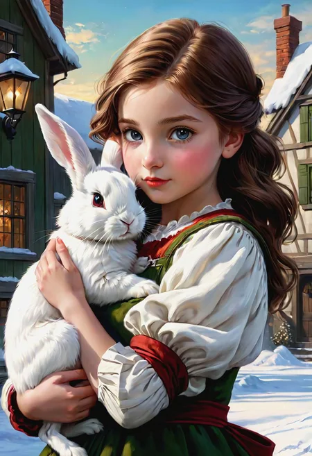 digital art, 8K, HDR, RGB, close-up,
a little girl holding a white rabbit in her arms, a digital painting, by Nene Thomas, cgsociety contest winner, in winter, beautiful art uhd 4 k, beautiful painting of friends, magali villeneuve and monet,
scene in the style of Jamie Wyeth James Gillard Edward Hopper Greg Rutkowski Studio Ghibli Genshin Impact
