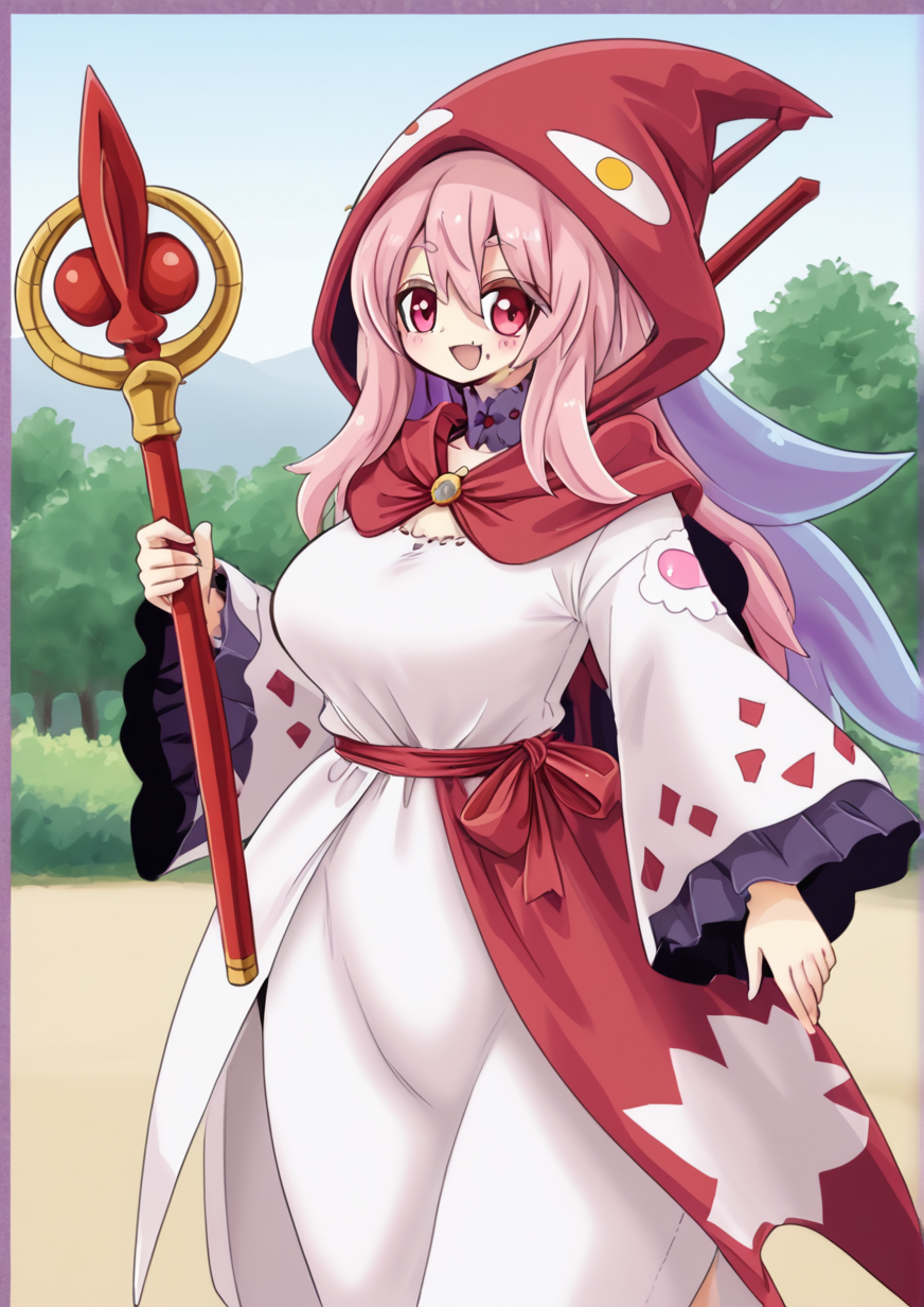 1girl, princess of moonbrook, huge breast, monster girl, :d, border, breasts, dated, dress, fang, holding, holding scepter, hood, hood up, long hair, long sleeves, open mouth, outside border, pink hair, print headwear, purple border, red headwear, red hood, scepter, signature, smile, solo, standing, tongue, white dress, wide sleeves,<lora:éæ kinkuri:1>