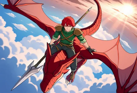 masterpiece, best quality, solo, 1boy, smirk, looking at viewer,  <lora:Radd-illus_Fp:1>, radd, red hair, red eyes, short hair, green shirt, pants, fingerless gloves, shoulder armor,  riding wyvern, holding polearm, flying, sky, wide shot, from above, cloud, closed mouth, sunbeam,