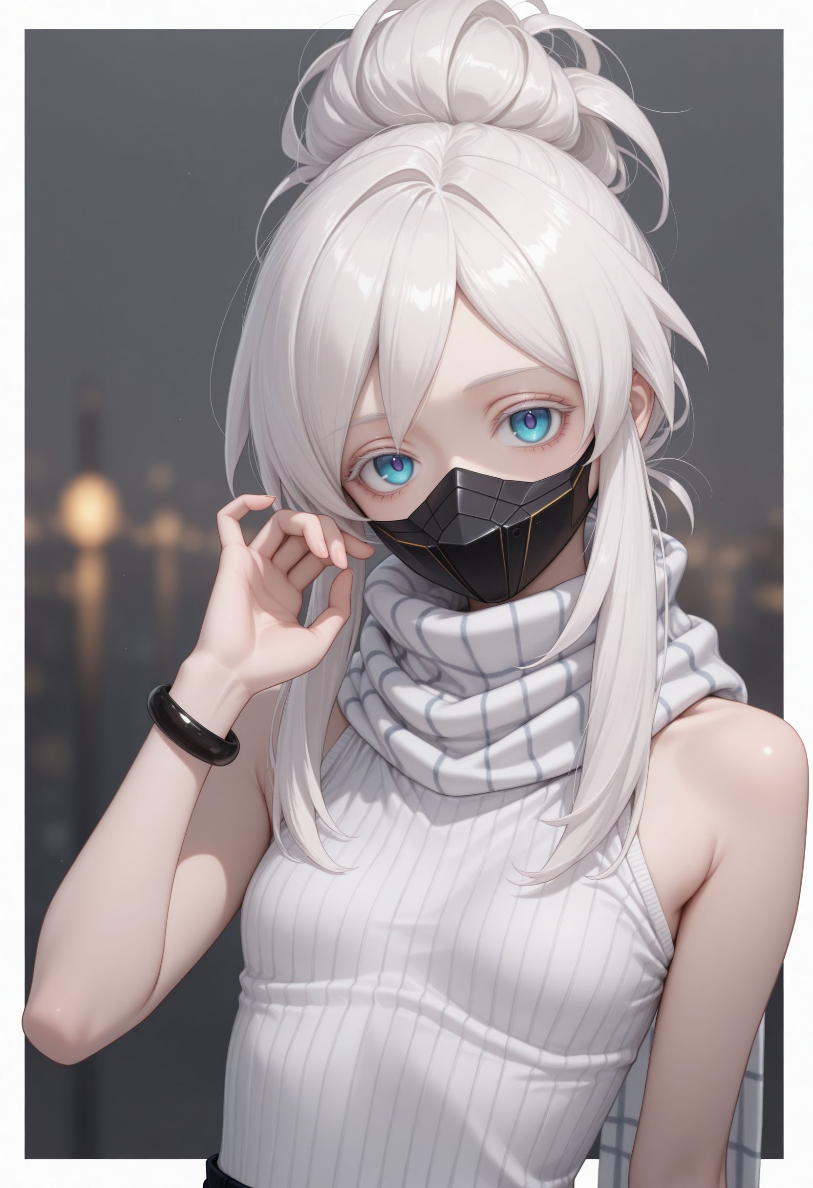 masterpiece,best quality,absurdres,highres,very aesthetic,high quality,detailed,insanely detailed,beautiful,  solo
 <lora:Deux illu:1>1girl, long hair, mouth mask, blue eyes, sleeveless, jewelry, bracelet, looking at viewer, upper body, white hair, scarf, hand up, white border, character name, ponytail, ribbed sweater, ribbed shirt, sidelocks, outside border