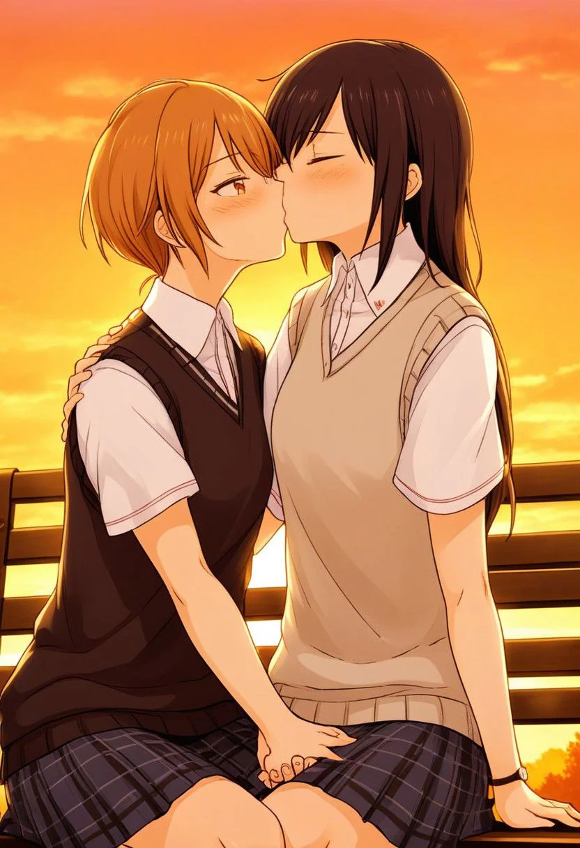 masterpiece, best quality,
kd_vnstyle
(2girls, multiple girls, )
(looking at another, )
sitting on bench, outdoors, sunset, orange sky school uniform, white collared shirt, sweater vest, happy smile,
(kiss, assertive female, ) blush, nervous, embarrassed,
holding hands, ((hand on shoulder)),
(hand on another's head:1.2), yuri,