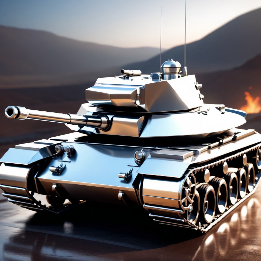 a Tank made out of Jed-Steel, masterpiece, wallpaper engine, octane render ,  <lora:PolishedSteelStyle:0.7>