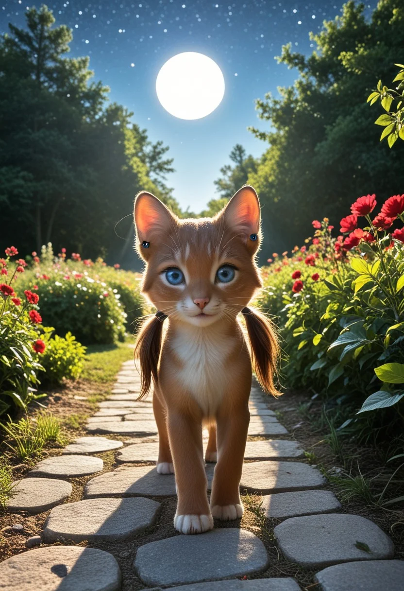 (masterpiece:1.5), 8k, best quality, ultra-detailed, (high res), cinematic lighting, beautiful lighting, high quality, studio quality, detailed, insanely detailed, extreme detail, refined detail, perfect detail, max detail, smooth lighting, detailed background, hyper detailed body, beautiful lighting, vibrant lighting, global illumination, absurdres, high-res, dynamic lighting, score_9, score_8_up, score_7_up, ponypositive, 50 girl, looking at viewer, (narrow waist, skinny, small body, slim), (outdoors, floral garden), bright lighting, daylight, sunshine, cute, kawaii, (closed mouth), happy, ((standing)), alone, gleaming eyes, large eyes, ((cowboy shot)), (hands at the sides), (rating_safe, sfw), source anime, <lora:xl_more_art-full_v1:0.8> , PonyXLV6_Scores, unity 8k wallpaper, perfect anatomy, <lora:PerfectEyesXL:1> , perfect eyes, <lora:hand 5.5:1> , perfect hands, detailed hands, winnie, furry female, brown fur, blue eyes, low twintails, earrings, chibi, night, starry skies, moonlight, large Moon,