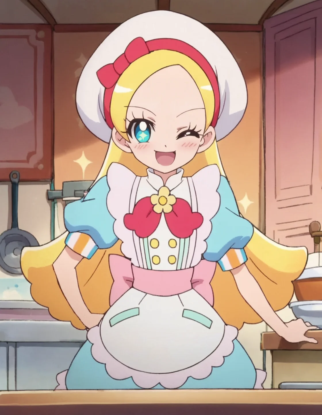 score_9, score_8_up, score_7_up, 1girl, solo, anime screencap, kiraboshiciel, smile, hat,  apron,  looking at viewer,   puffy sleeves, white headwear,  puffy short sleeves, bow, blue dress,open mouth, one eye closed,blush, beret,   cowboy shot,small breasts,<lora:kiraboshiciel:0.8>