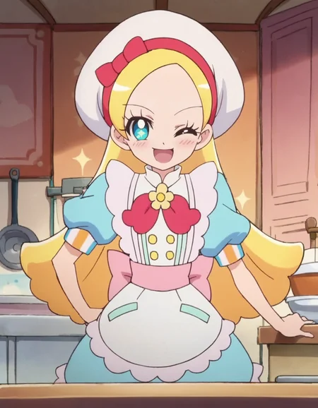 score_9, score_8_up, score_7_up, 1girl, solo, anime screencap, kiraboshiciel, smile, hat,  apron,  looking at viewer,   puffy sleeves, white headwear,  puffy short sleeves, bow, blue dress,open mouth, one eye closed,blush, beret,   cowboy shot,small breasts,<lora:kiraboshiciel:0.8>