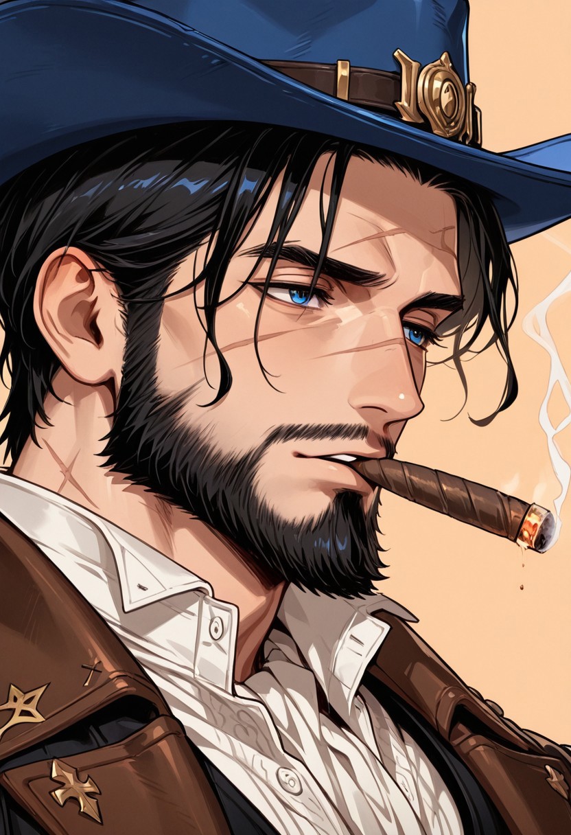ww1era, victorianera, 18cera, alone, solo, close up, close view, portrait, simple background, amber background, 1man, adult man, blue eyes, light skin, black hair, black beard, scars in face, rugged face, 3 day beard, deep brown duster, white shirt, black vest, blue jeans, cowboy boots, blue cowboy hat, blue hat, confident expression, confident pose, cool, confident, smoking, smoking a cigar
<lora:RavenScript :1>
