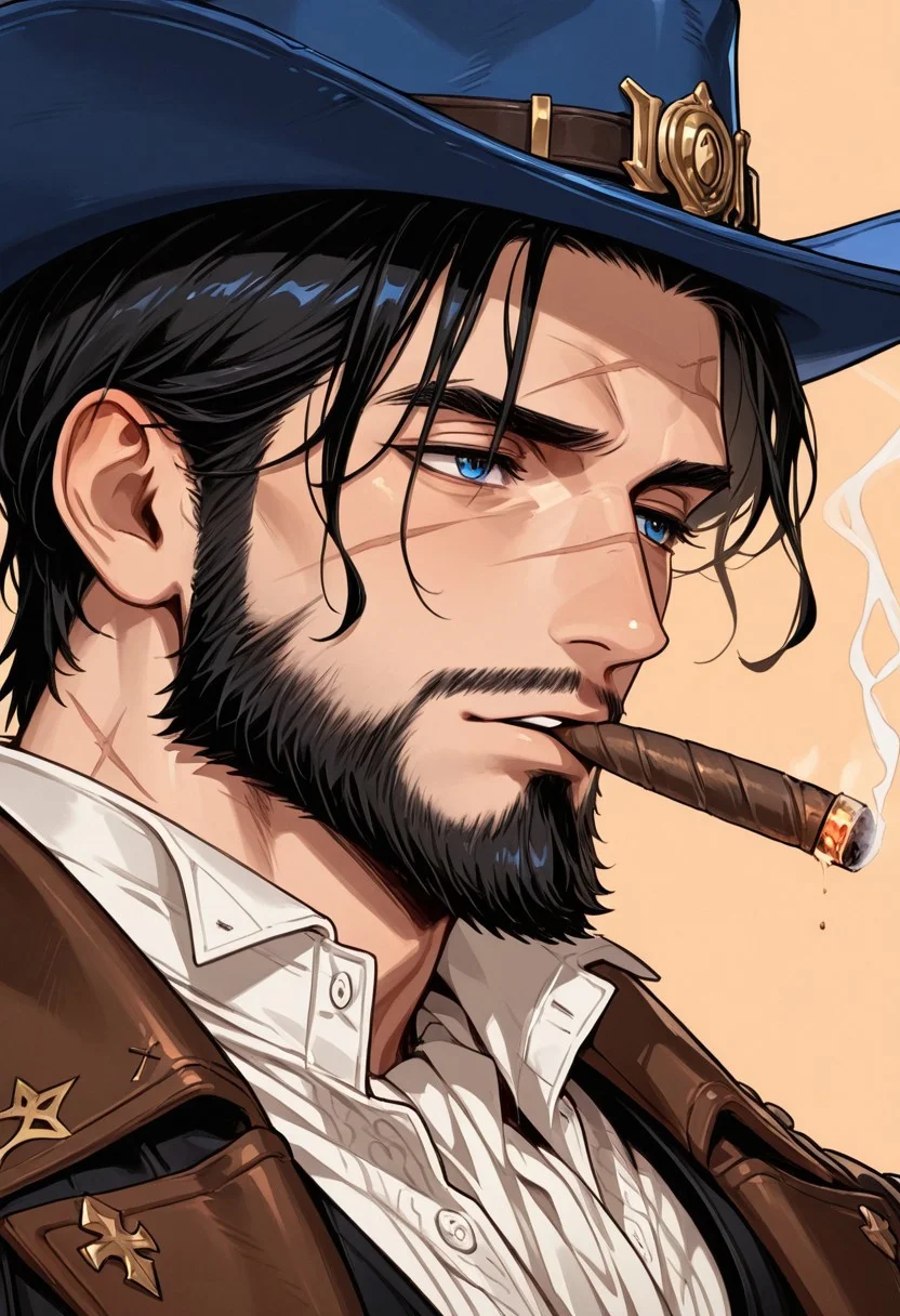 ww1era, victorianera, 18cera, alone, solo, close up, close view, portrait, simple background, amber background, 1man, adult man, blue eyes, light skin, black hair, black beard, scars in face, rugged face, 3 day beard, deep brown duster, white shirt, black vest, blue jeans, cowboy boots, blue cowboy hat, blue hat, confident expression, confident pose, cool, confident, smoking, smoking a cigar
<lora:RavenScript :1>
