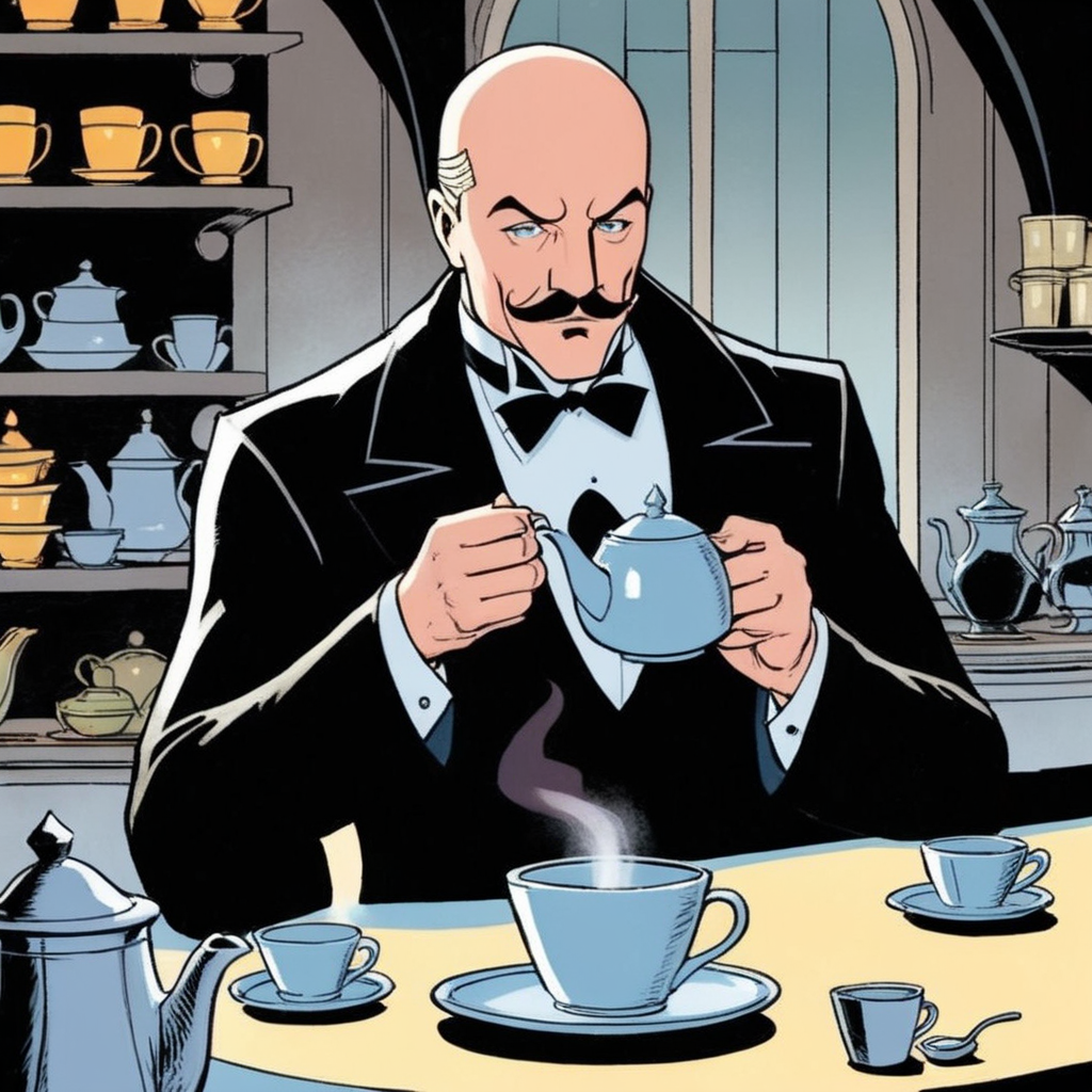 comic book art of  <lora:Alfred Pennyworth:1.2>
Alfred Pennyworth a bald man with a mustache in a tuxedo pouring tea into a cup inside batcave In Gotham City, comic art, graphic novel illustration