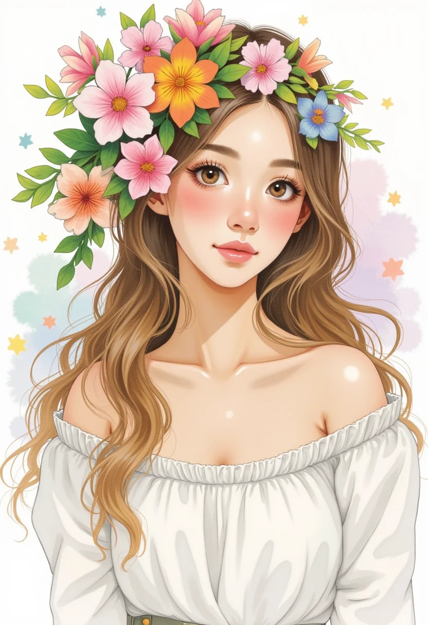 A vibrant watercolor animestyle portrait of a girl with flowers in her hair, pastel colors, delicate floral details, flowing hair, warm and cool tones, ethereal, dreamy