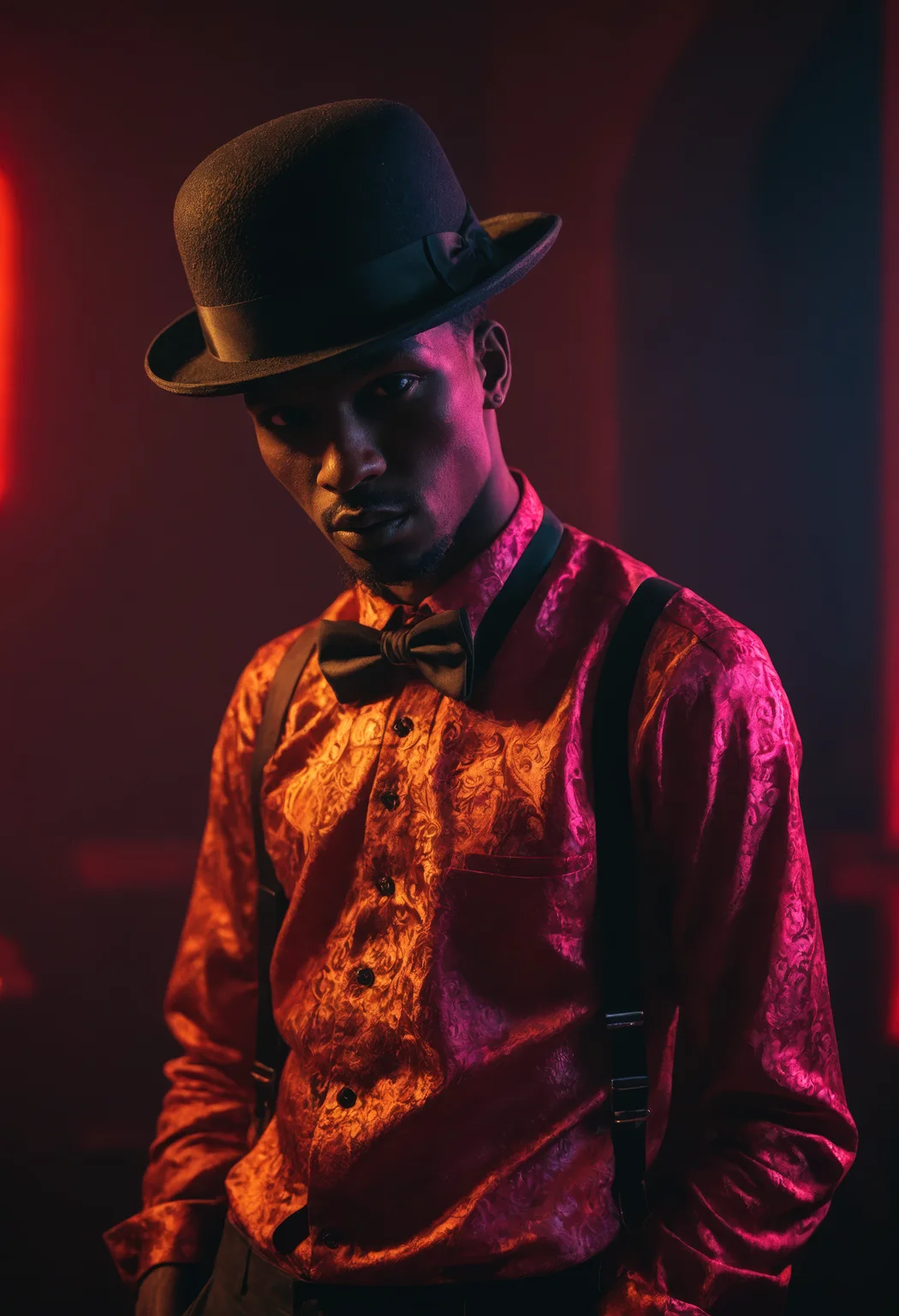 stunning natural post-apocalyptic neon color raw portrait, (sfw) senegalese 1boy, as a pompous dancer, (brocade shirt, pants, bow tie, bowler hat:1.2), indoors in a steamy (red night club, dark and moody, red mood lighting, red color tint, dark reddish shadows, orange highlights, crimson hues), post-apocalyptic scene with electrical attr, neon color raw photo, epic character composition, sharp focus, subsurface scattering, f2, 35mm, film grain