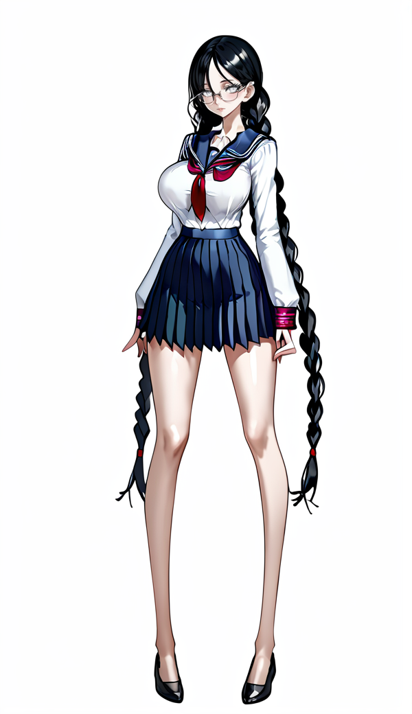 1girl, bright colors, score_9_up, score_8_up, rating_explicit, sexy, school uniform, full body,
very long hair braids, long legs, huge breasts, black hair, silver eyes, glasses, hair between eyes, tall, skinny, slim, thin, long eyelashes, narrow shoulders
<lora:add-detail-xl:1>
<lora:Femininebody2:0.5>, perfthig, <lora:raita_xl:0.8>
