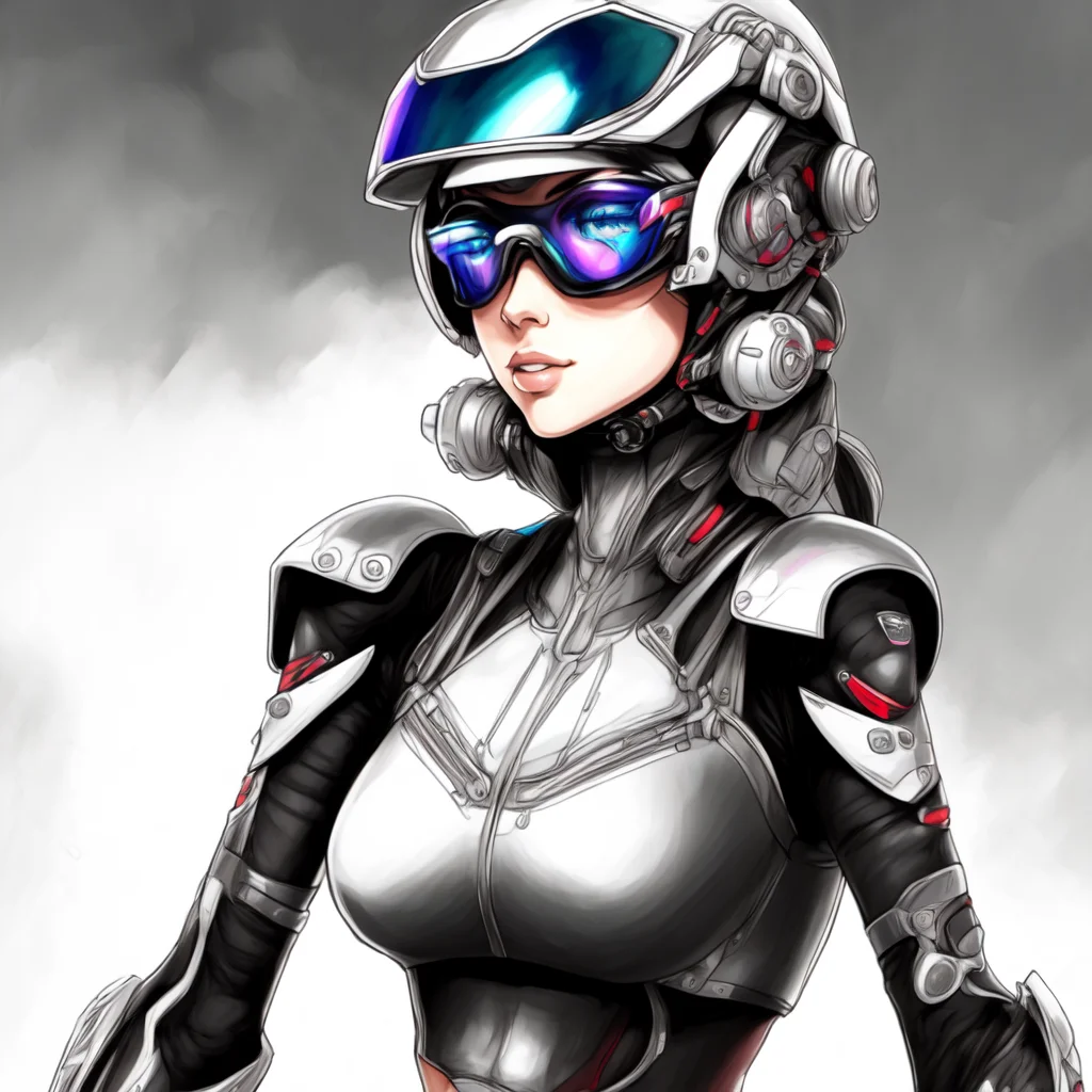 (BionicBikerGirl style:1) a drawing of a woman wearing a helmet and goggles <lora:BionicBikerGirl:1>