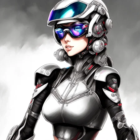 (BionicBikerGirl style:1) a drawing of a woman wearing a helmet and goggles <lora:BionicBikerGirl:1>