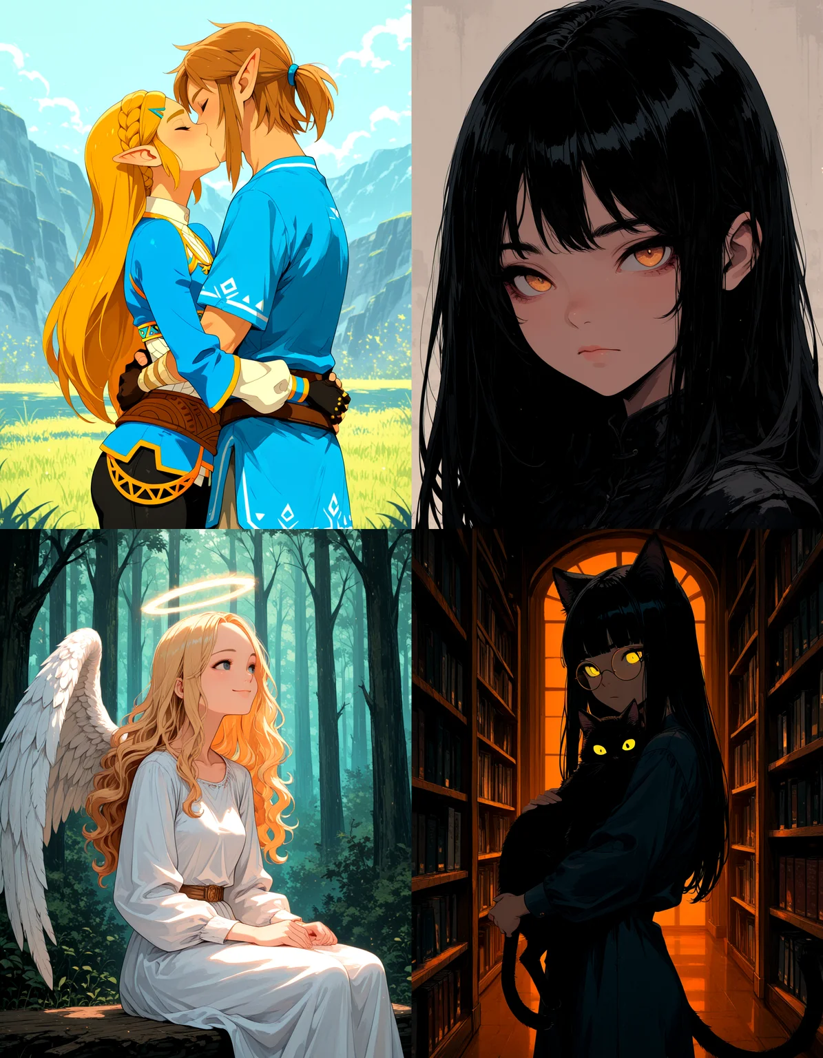 https://civitai.com/articles/8642 __ 1st image: masterpiece, best quality, 1girl, 1boy, princess zelda, the legend of zelda: breath of the wild, standing, kiss, hug, closed eyes, outdoors __ 2nd image: masterpiece, best quality, 1girl, face, portrait, looking at viewer, closed mouth __ 3rd image: masterpiece, best quality, 1girl, solo, blonde hair, wavy hair, angel, angel wings, halo, smile, sitting, forest, white dress __ 4th Image: masterpiece, best quality, 1girl, solo, long hair, black hair, blunt bangs, straight hair, round eyewear, cat girl, cat ears, cat tail, standing, hug, cat, looking at viewer, library, dark, dim lighting