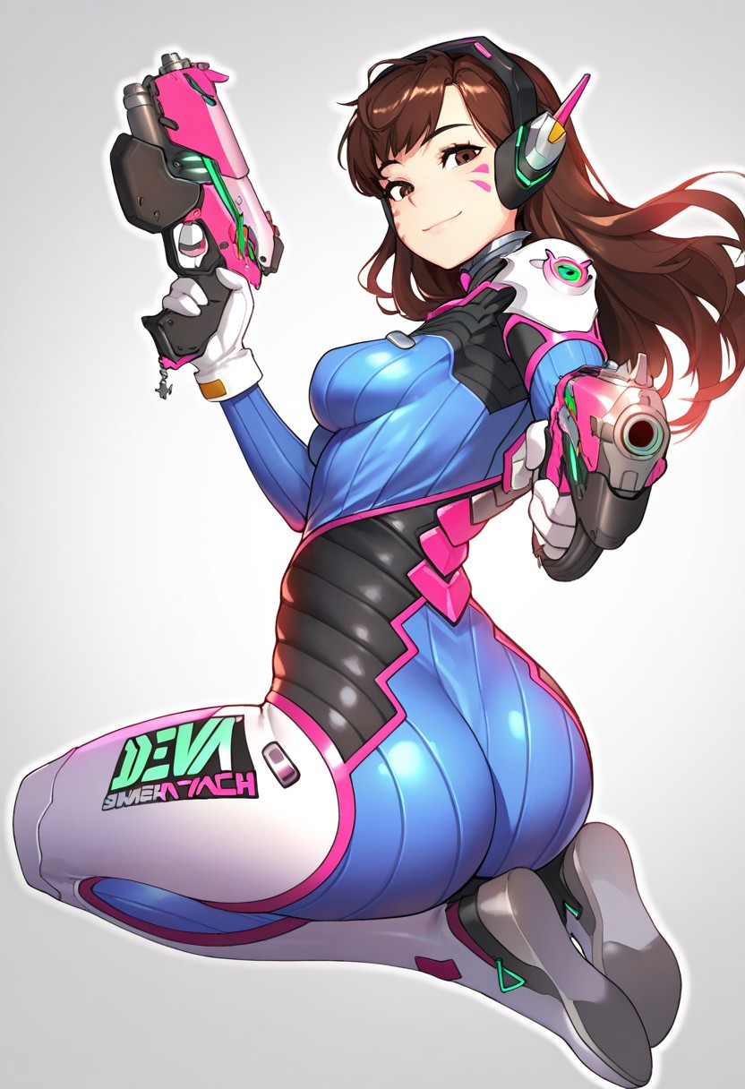 EURK_ST, masterpiece, best quality, very aesthetic, high resolution, ultra-detailed, absurdres, newest, detailed eyes, beautiful, perfect lighting, hi res, amazing quality, very awa, painting_(artwork), dynamic angle, dynamic pose, cinematic, 1girl, d.va (overwatch), brown hair, long hair, whisker markings, facial mark, headphones, brown eyes, pilot suit, facepaint, holding gun, holding weapon, medium breasts, ribbed bodysuit, bangs, white gloves, grey background, ass, looking at viewer, full body, skin tight, smile, animal print, handgun, shoulder pads, bunny print, finger on trigger, outline