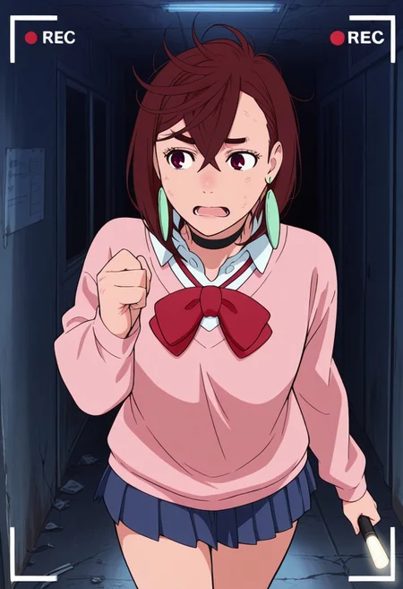 Score 9, Score 8, Score 7, Masterpiece, Superior Quality, Amazing Quality, Masterpiece, Maximum Quality, Ultra-detailed, Alone, White Frame, Maximum Contrast, Saturated Color, Bright Colors, Dynamic Lighting, alone, 20 years old, female body,
ayase_momo,
ayasemomo, hair between eyes, crossed bangs, green earrings,  brown hair, red eyes, black choker, short hair, white shirt, red bowtie,pleated skirt,school uniform, pink cardigan, long sleeves,
recording video, in an abandoned hospital, at night, scared, running, flashlight in hand,