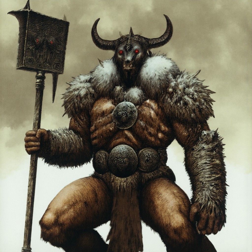 first person pov, 3D01S, simple background atmospheric and powerful dark fantasy, natural organic and first person pov of a berserk style 
towering, imposing warrior with a beastly physique stands ready for battle, exuding raw power and menace. His muscular body is covered in battle-worn, fur-lined armor, revealing patches of leathery, scarred skin underneath. Two wicked horns protrudes from his blackened, demonic helmet, which is adorned with menacing spikes and glowing red eyes that peer out from the shadows. His face is hidden behind a skeletal visage, amplifying his fearsome aura.
In his right hand, he grips a massive, iron Maul, worn with the scars of countless battles, while his left arm bears a thick, iron-forged shield, emblazoned with a raised skull emblem that radiates dark energy. His legs, resembling those of a satyr, are covered in fur and end in hooved feet, emphasizing his inhuman nature. The beast-like warrior's posture is aggressive, his muscles tense, and his expression determined, as if he is ready to charge into combat. His presence alone commands fear, an unstoppable force of darkness and brute strength.
UHD letterboxed game trailer frame chromatic aberration dark atmosphere sharp masterpiece with a focus on the character, elden ring style, dark atmosphere, chromatic aberration