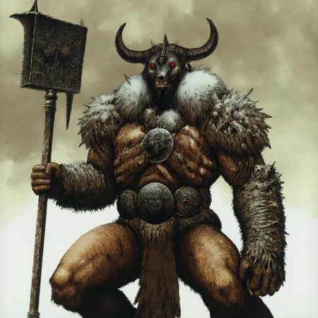 first person pov, 3D01S, simple background atmospheric and powerful dark fantasy, natural organic and first person pov of a berserk style
towering, imposing warrior with a beastly physique stands ready for battle, exuding raw power and menace. His muscular body is covered in battle-worn, fur-lined armor, revealing patches of leathery, scarred skin underneath. Two wicked horns protrudes from his blackened, demonic helmet, which is adorned with menacing spikes and glowing red eyes that peer out from the shadows. His face is hidden behind a skeletal visage, amplifying his fearsome aura.
In his right hand, he grips a massive, iron Maul, worn with the scars of countless battles, while his left arm bears a thick, iron-forged shield, emblazoned with a raised skull emblem that radiates dark energy. His legs, resembling those of a satyr, are covered in fur and end in hooved feet, emphasizing his inhuman nature. The beast-like warrior's posture is aggressive, his muscles tense, and his expression determined, as if he is ready to charge into combat. His presence alone commands fear, an unstoppable force of darkness and brute strength.
UHD letterboxed game trailer frame chromatic aberration dark atmosphere sharp masterpiece with a focus on the character, elden ring style, dark atmosphere, chromatic aberration