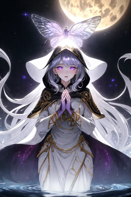 anime screencap, extremely detailed, magical girl, standing tall on water, dynamic stance, elegant white dress with intricate purple embroidery, opulent black hooded cloak with gold and silver threads, long flowing white hair with iridescent highlights, detailed face with luminous violet eyes, surrounded by glowing and sparkling butterflies, enormous full moon casting a mystical light, starry sky filled with swirling galaxies and nebulae, misty water with gentle ripples, roses floating with glittering dew, soft ethereal glow, perfect body proportions, meticulously detailed hands, vibrant and enchanting lighting, vivid and fantastical colors
<lora:add_detail:0.4> <lora:backlight_slider_v10:-1.3>