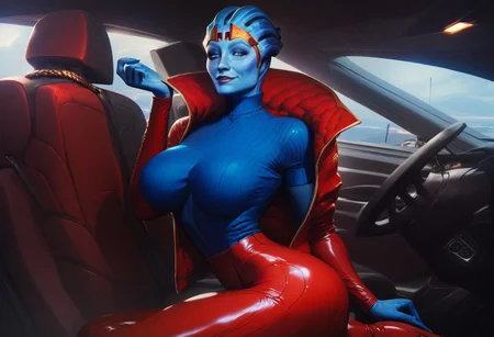 score_9, score_8_up, score_7_up,samara1, 1girl, alien, light-blue eyes, golden cuffs, without ears, samara1, mature,old milf,without eyebrows, without hair, standing, black elbow gloves, seductive smile, red skintight sweater, gold buttoned up jacket, red tiara, extremely detailed,black miniskirt,blue skin,toned body,large breasts, tight red pants without pockets, oiled body, shiny body, narrow waist,red thigh high boots, blue undershirt,smirking,car,sitting in back seat