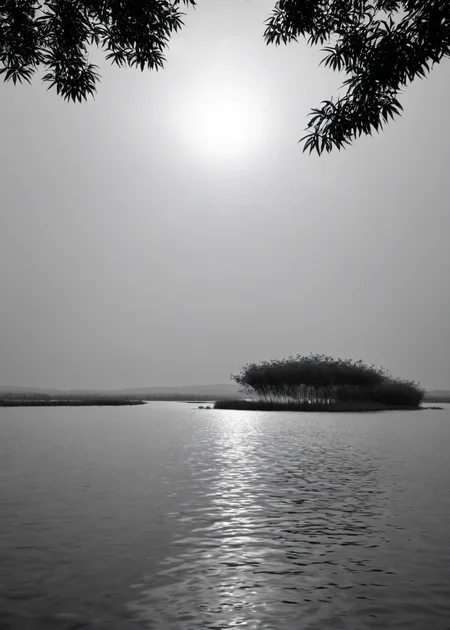 <lora:ç½æ´æ·:1>,Baiyangdian Lake, scenery, no humans, outdoors, sky, landscape, monochrome, sunset, nature, cloud, mountain, tree, horizon, hill, water, silhouette, sand, masterpiece, best quality,
