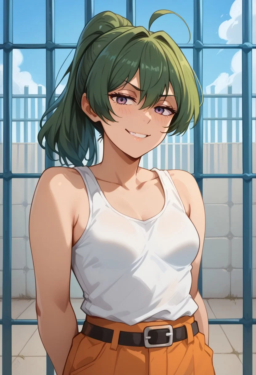 score_9, score_8_up, score_7_up, score_6_up, score_5_up, score_4_up, good light, front light, BREAK, <lora:Ubel:1>,ub3l, 1girl, small breasts, ahoge, green hair, ponytail, high ponytail, BREAK, (prison overall:1.6), open overall, orange overall, tanktop, white tanktop, BREAK, outside, outdoors, prison yard, sport ground, fence, barbed wire, BREAK, standing, smug, (horny:1.4), obscene gesture,, Khyle,