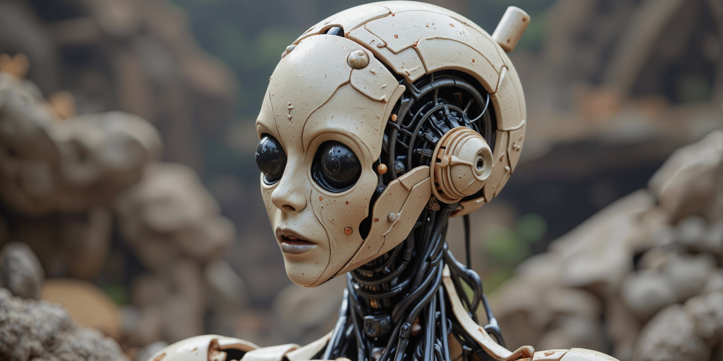 A desolate Slender apoclypse Robot, Upper Body Shot, high Quality, perfect essembled, Closeup of The head, intricate mechanical Details
