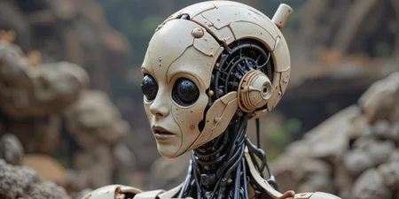 A desolate Slender apoclypse Robot, Upper Body Shot, high Quality, perfect essembled, Closeup of The head, intricate mechanical Details