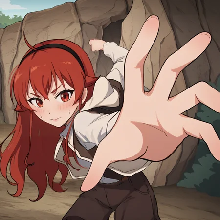 source_anime,anime screencap, anime coloring,source_anime,intricate details,rating_explicit, masterpiece, best quality,(best quality, absurd res, ultra detailed),,(4 finger:0.5),1girl, ((solo)),  good eyes,perfect eyes,,detailed eyes, zPDXLxxx , zPDXL3, OverallDetail,detailed, detailed face, cave, front view, <lora:add-detail-xl:2>, 
BREAK <lora:eris_-_giga:1>, eris, red hair, long hair, bangs, red eyes, ahoge, hairband, white shirt, vest, brown shorts, hoodie, embarrassed,  <lora:PepePunchMeme_XLPD:0.8> IncrsPunchMeme, incoming punch