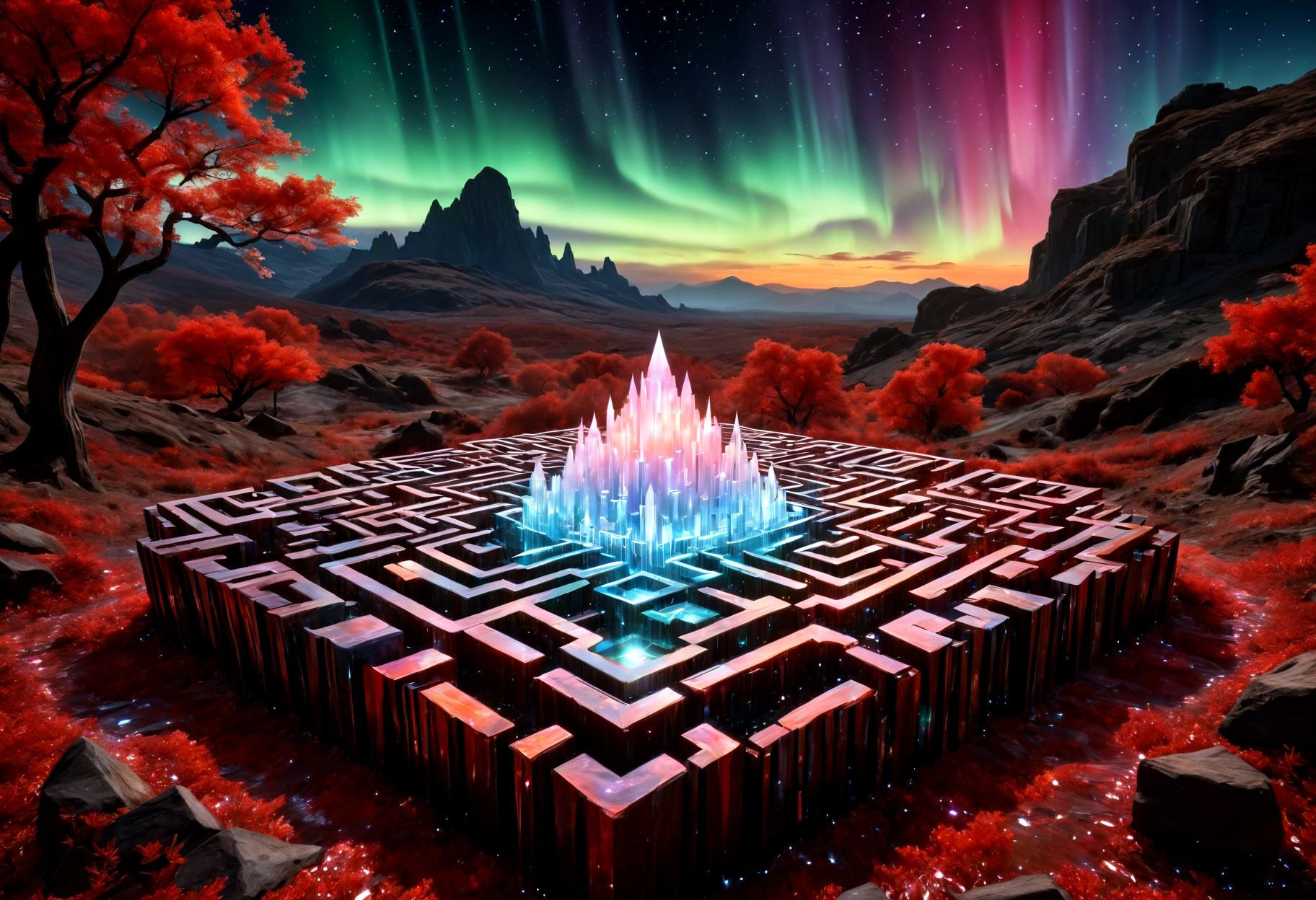 metropolis-themed in crystal labyrinth, dazzling crystals, intricate pathways, test of wit and courage, long shot, brown and red Black Oak is lovely, ethereal aurora on the background . best quality, high resolution. crazy artstyle, careless brushstrokes, emotional and fun, (embedding:dw01-3400:0.8), morph-aurora