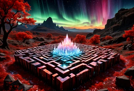 metropolis-themed in crystal labyrinth, dazzling crystals, intricate pathways, test of wit and courage, long shot, brown and red Black Oak is lovely, ethereal aurora on the background . best quality, high resolution. crazy artstyle, careless brushstrokes, emotional and fun, (embedding:dw01-3400:0.8), morph-aurora