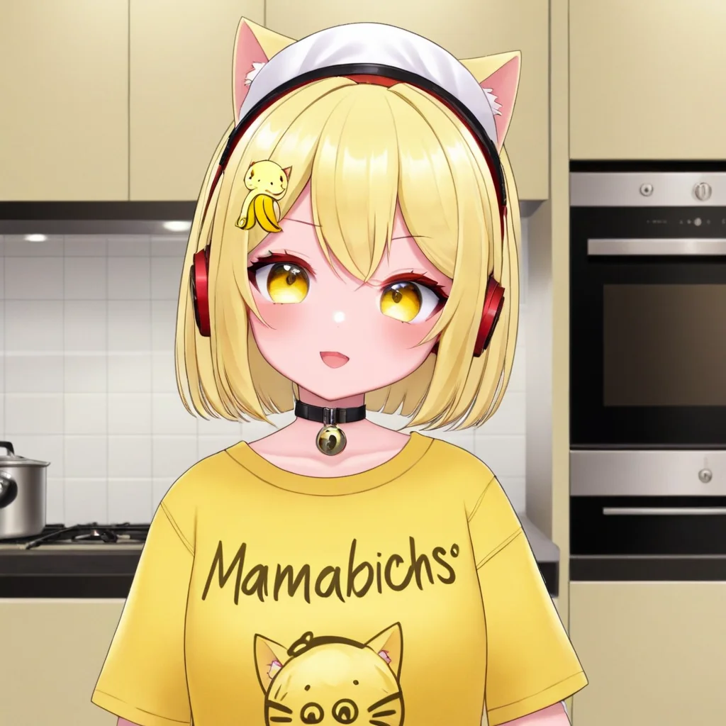 nyana, mamabichos text on shirt, yellow shirt, cat girl, cat ears, blonde hair, big eyes, banana hair ornament, short hair, red headphones,
kitchen, chef hat, :d,
<lora:NYANA-XL-t2:0.6> <lora:Harrlogos_v2.0:1>, "mamabichos" text logo,