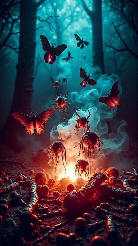 A stunning horror a professional (film grain:1.2) photography, realistic photo of a dark cursed horror crimson Delicate glass sculptures of moths, illuminated by a forgotten fire, surreal atmosphere, vibrant colors, intricate details, contrasting textures, moody lighting, dark forest, blue hour, mystical, whimsical, otherworldly, evocative, emotional, inspiring, intriguing. <lora:DarkmosphericFlux:0.65>, gas spirit rising up, high resolution photography, ultra resolution, 4k, 8k, 16k, HDR, DOF, studio photography, professionalismphotography,centered subject,medium shot,eye-level angle,Cool color palette,biopunk,hdr,accent lighting,(side view:1.5),shot on Panasonic Lumix S5 with Lumix S PRO 70-200mm f-2.8 O.I.S