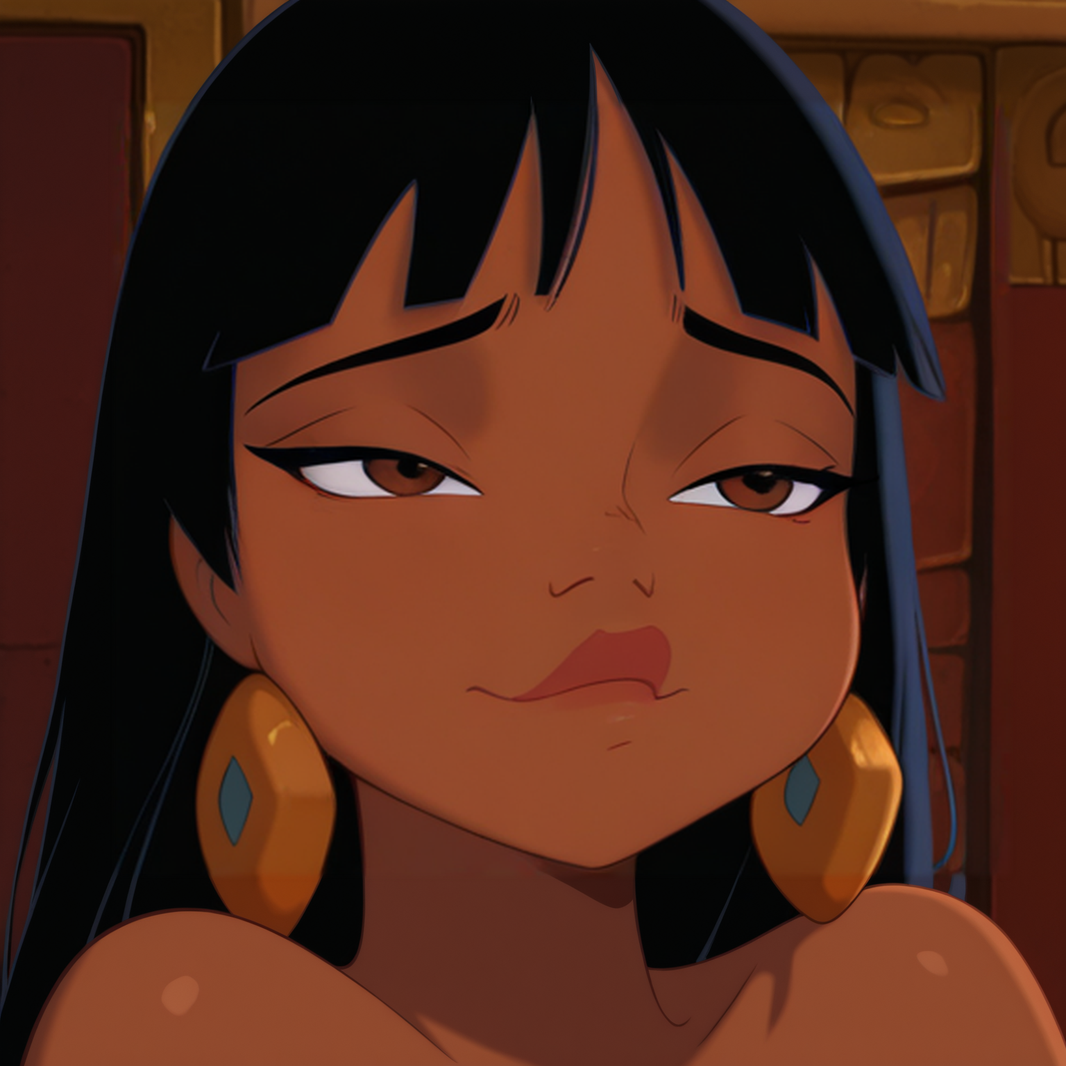1girl, masterpiece, best quality, amazing quality,  absurdres,  <lora:Chel_Road_to_El_Dorado_r1:1> cheldy, latina girl, dark-skinned female, bangs, long hair, black hair, brown eyes